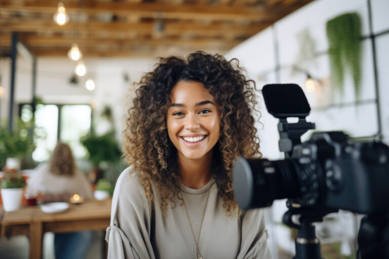 a woman smiles in front of a camera while recording brand video production