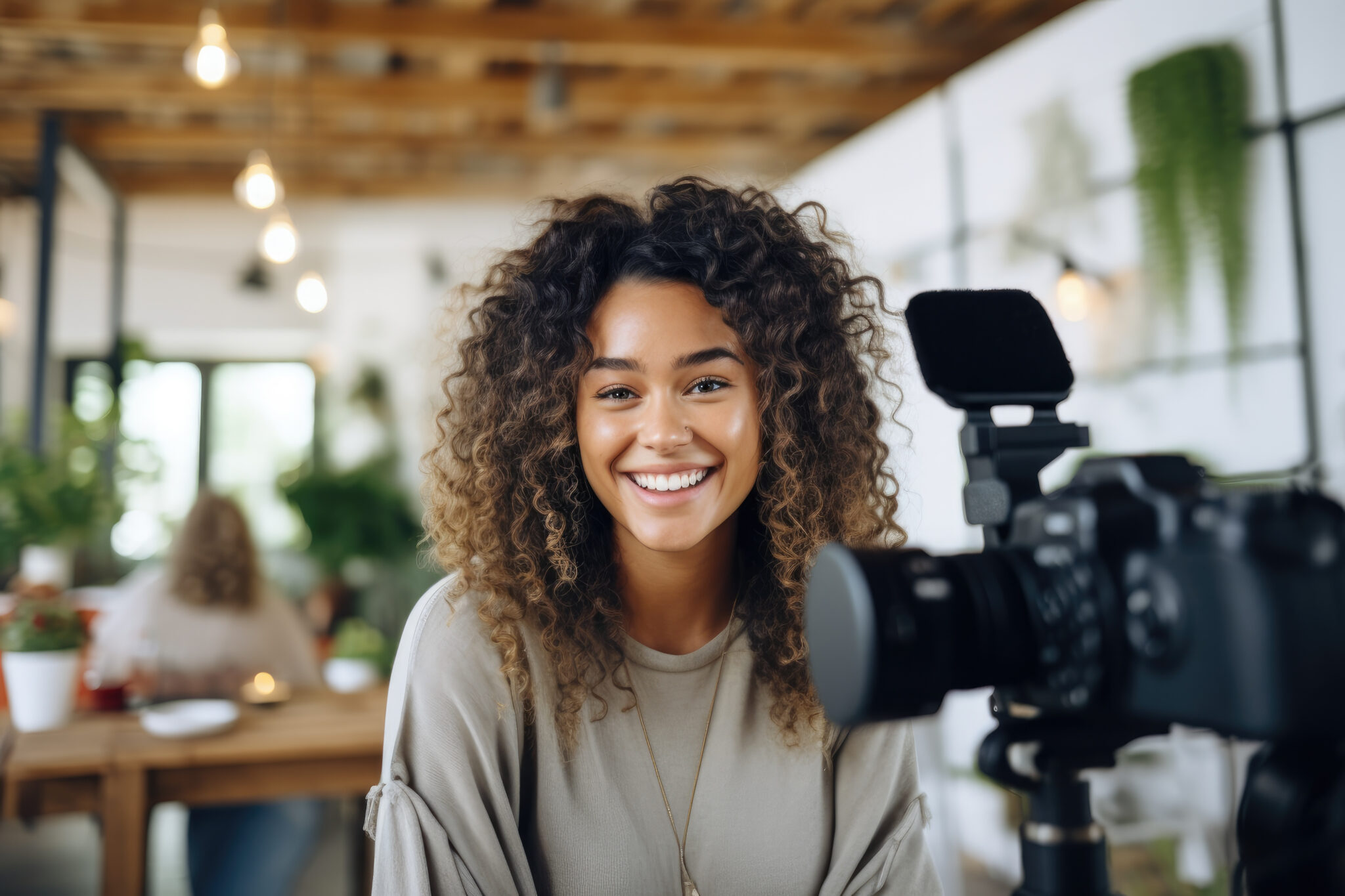 a woman smiles in front of a camera while recording brand video production