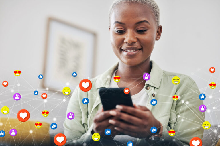 lifi media production, social media video, Happy woman on sofa with phone, emoji and social media post, meme or networking in home. Technology, connection and girl on couch with smartphone, digital chat with like or love icon on viral content.