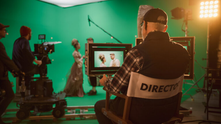 LiFi Media Production tv commercial production, Director Shooting Period Film Green Screen CGI Scene with Actors Wearing Renaissance Costumes. Big Film Studio Professional Crew Shooting Big Budget Movie. Back View Shot