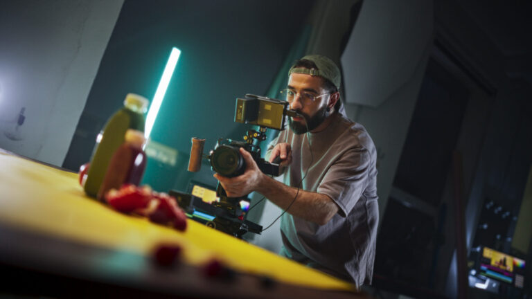 LiFi Media Production Brand Videography, focused male cinematographer with beard wearing cap and glasses records vibrant scene on professional camera in dimly lit studio capturing essence of modern videography and storytelling