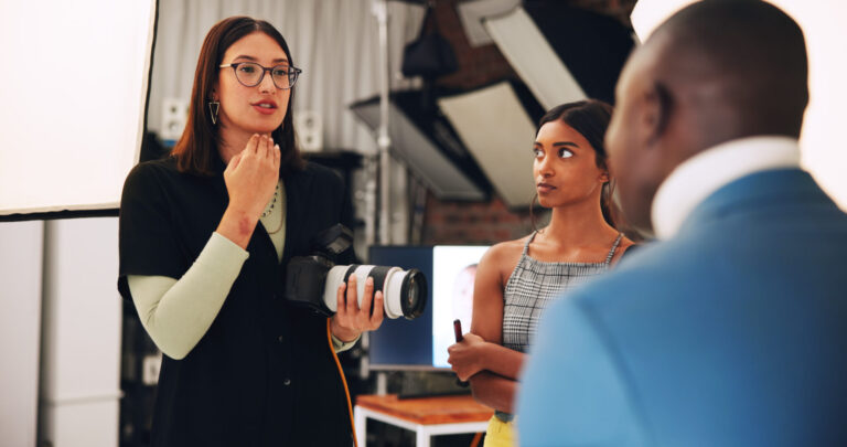 LiFi Media Production Brand Videography, People, photographer and direction with model for photoshoot, planning and backstage. Women, technology and camera for filming production, videography and photography internship for digital agency.