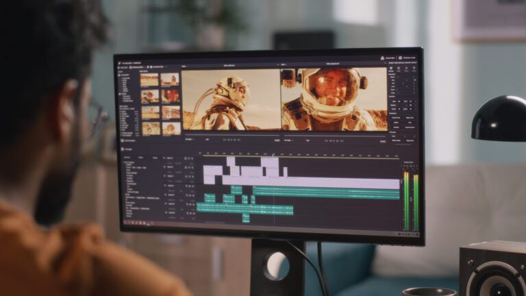 LiFi Media Production Brand Videography, Back view of male content creator using computer to edit cosmonaut video during remote work from home