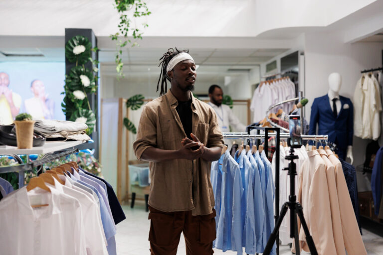 LiFi Media Production Brand Videography, African american influencer filming live video on smartphone to showcase clothes in store, speaking to followers on camera. Blogger promoting apparel collection for social media