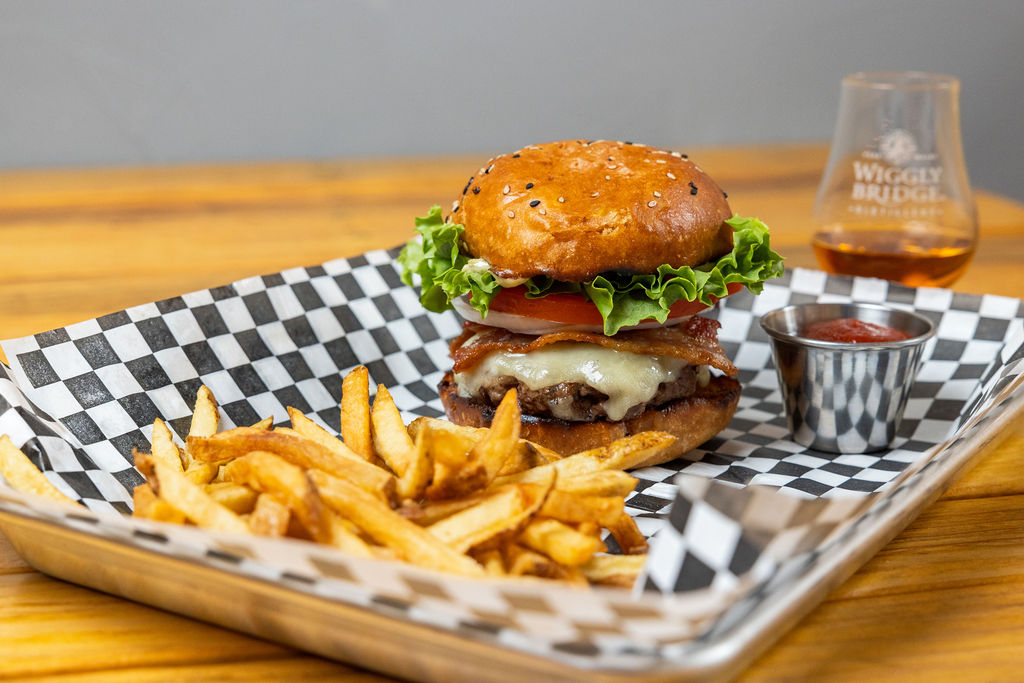 Wiggly Bridge Distillery burger and beverage menu photography